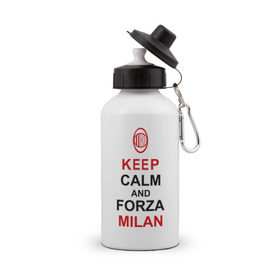 Бутылка спортивная с принтом keep calm and Forza Milan в Тюмени, металл | емкость — 500 мл, в комплекте две пластиковые крышки и карабин для крепления | болельщикам | матч | милан | спорт | фк | футбол | футбольный клуб