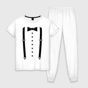 Женская пижама хлопок с принтом Gentleman в Тюмени, 100% хлопок | брюки и футболка прямого кроя, без карманов, на брюках мягкая резинка на поясе и по низу штанин | галстук | костюм | одежда | подтяжки | рубашка
