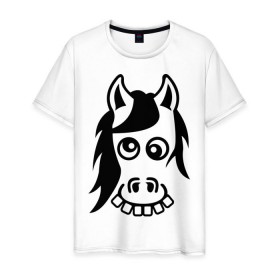 Мужская футболка хлопок с принтом Funny Horse в Тюмени, 100% хлопок | прямой крой, круглый вырез горловины, длина до линии бедер, слегка спущенное плечо. | животные | зубы | конь | коняшка | лошадка | лошадь