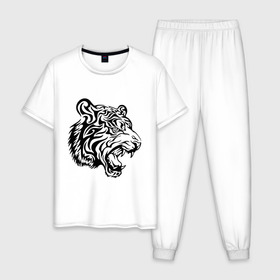 Мужская пижама хлопок с принтом Тату тигр в Тюмени, 100% хлопок | брюки и футболка прямого кроя, без карманов, на брюках мягкая резинка на поясе и по низу штанин
 | татуировки