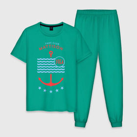 Мужская пижама хлопок с принтом MATTISON яхт-клуб в Тюмени, 100% хлопок | брюки и футболка прямого кроя, без карманов, на брюках мягкая резинка на поясе и по низу штанин
 | Тематика изображения на принте: mattison | маттисон | море | якорь | яхкт клуб