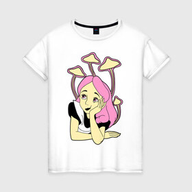 Женская футболка хлопок с принтом Алиса и грибы в Тюмени, 100% хлопок | прямой крой, круглый вырез горловины, длина до линии бедер, слегка спущенное плечо | алиса