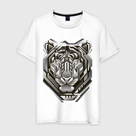 Мужская футболка хлопок с принтом Geometric tiger в Тюмени, 100% хлопок | прямой крой, круглый вырез горловины, длина до линии бедер, слегка спущенное плечо. | geometric drawing | geometry | metal tiger | tiger | геометрический рисунок | геометрия | металлический тигр | тигр