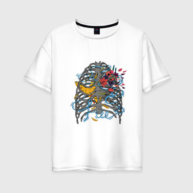 Женская футболка хлопок Oversize с принтом Free в Тюмени, 100% хлопок | свободный крой, круглый ворот, спущенный рукав, длина до линии бедер
 | anatomy | bird | flowers | free | freedom | slats | woman t shirt | анатомия | птица | ребра | свобода | цветы