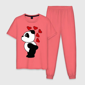 Мужская пижама хлопок с принтом Поцелуй панды (парная) в Тюмени, 100% хлопок | брюки и футболка прямого кроя, без карманов, на брюках мягкая резинка на поясе и по низу штанин
 | панда
