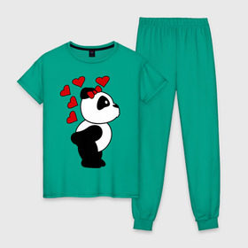 Женская пижама хлопок с принтом Поцелуй панды (парная) в Тюмени, 100% хлопок | брюки и футболка прямого кроя, без карманов, на брюках мягкая резинка на поясе и по низу штанин | Тематика изображения на принте: панда