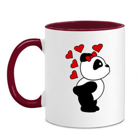 Кружка двухцветная с принтом Поцелуй панды (парная) в Тюмени, керамика | объем — 330 мл, диаметр — 80 мм. Цветная ручка и кайма сверху, в некоторых цветах — вся внутренняя часть | Тематика изображения на принте: панда