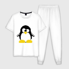 Мужская пижама хлопок с принтом Битовый пингвин Linux в Тюмени, 100% хлопок | брюки и футболка прямого кроя, без карманов, на брюках мягкая резинка на поясе и по низу штанин
 | админам | компьютерные | линукс | операционная система | ос