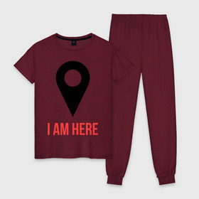 Женская пижама хлопок с принтом I am Here в Тюмени, 100% хлопок | брюки и футболка прямого кроя, без карманов, на брюках мягкая резинка на поясе и по низу штанин | карта | навигатор | расположение | я здесь | я тут