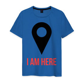 Мужская футболка хлопок с принтом I am Here в Тюмени, 100% хлопок | прямой крой, круглый вырез горловины, длина до линии бедер, слегка спущенное плечо. | Тематика изображения на принте: карта | навигатор | расположение | я здесь | я тут