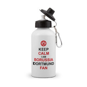 Бутылка спортивная с принтом keep calm i am Borussia Dortmund fan в Тюмени, металл | емкость — 500 мл, в комплекте две пластиковые крышки и карабин для крепления | football | болельщикам | борусия | боруссия | спорт | фк | футбольнsй клуб | футбольные