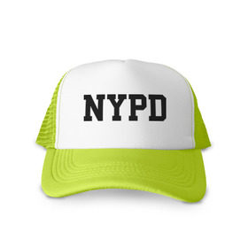 Кепка тракер с сеткой с принтом NYPD в Тюмени, трикотажное полотно; задняя часть — сетка | длинный козырек, универсальный размер, пластиковая застежка | new york | силовые структуры
