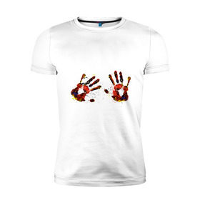 Мужская футболка премиум с принтом Отпечатки рук (краска) в Тюмени, 92% хлопок, 8% лайкра | приталенный силуэт, круглый вырез ворота, длина до линии бедра, короткий рукав | ладони | пальцы | прикольные картинки | руки