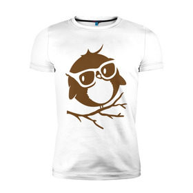 Мужская футболка премиум с принтом Совёнок в очках. в Тюмени, 92% хлопок, 8% лайкра | приталенный силуэт, круглый вырез ворота, длина до линии бедра, короткий рукав | сова