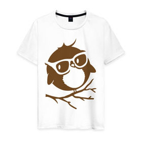 Мужская футболка хлопок с принтом Совёнок в очках. в Тюмени, 100% хлопок | прямой крой, круглый вырез горловины, длина до линии бедер, слегка спущенное плечо. | сова