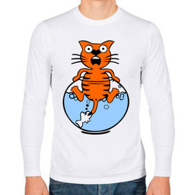 Мужской лонгслив хлопок с принтом Кот в аквариуме в Тюмени, 100% хлопок |  | cat | испуганный кот | кот в воде | рыба за хвост | смешной кот