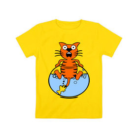 Детская футболка хлопок с принтом Кот в аквариуме в Тюмени, 100% хлопок | круглый вырез горловины, полуприлегающий силуэт, длина до линии бедер | cat | испуганный кот | кот в воде | рыба за хвост | смешной кот