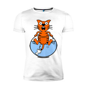 Мужская футболка премиум с принтом Кот в аквариуме в Тюмени, 92% хлопок, 8% лайкра | приталенный силуэт, круглый вырез ворота, длина до линии бедра, короткий рукав | cat | испуганный кот | кот в воде | рыба за хвост | смешной кот