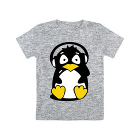 Детская футболка хлопок с принтом Пингвин в наушниках в Тюмени, 100% хлопок | круглый вырез горловины, полуприлегающий силуэт, длина до линии бедер | животные | пингвиненок | пингвинчик | прикольные картинки