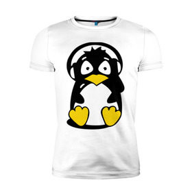 Мужская футболка премиум с принтом Пингвин в наушниках в Тюмени, 92% хлопок, 8% лайкра | приталенный силуэт, круглый вырез ворота, длина до линии бедра, короткий рукав | животные | пингвиненок | пингвинчик | прикольные картинки