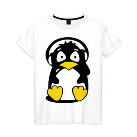 Женская футболка хлопок с принтом Пингвин в наушниках в Тюмени, 100% хлопок | прямой крой, круглый вырез горловины, длина до линии бедер, слегка спущенное плечо | животные | пингвиненок | пингвинчик | прикольные картинки