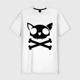 Мужская футболка премиум с принтом кошачий пиратскй флаг в Тюмени, 92% хлопок, 8% лайкра | приталенный силуэт, круглый вырез ворота, длина до линии бедра, короткий рукав | кости | кошачий пиратский флаг | пиратский флаг | череп | череп кошки