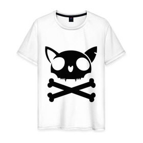 Мужская футболка хлопок с принтом кошачий пиратскй флаг в Тюмени, 100% хлопок | прямой крой, круглый вырез горловины, длина до линии бедер, слегка спущенное плечо. | кости | кошачий пиратский флаг | пиратский флаг | череп | череп кошки