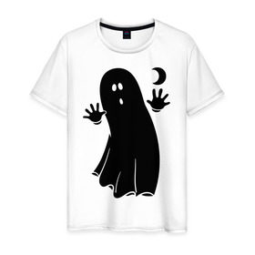 Мужская футболка хлопок с принтом Приведение в Тюмени, 100% хлопок | прямой крой, круглый вырез горловины, длина до линии бедер, слегка спущенное плечо. | луна | месяц | привидение | призрак | страшилка