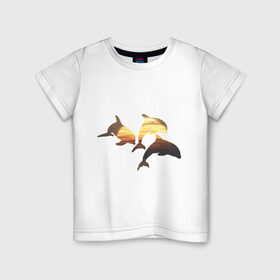 Детская футболка хлопок с принтом Дельфины на закате (2) в Тюмени, 100% хлопок | круглый вырез горловины, полуприлегающий силуэт, длина до линии бедер | Тематика изображения на принте: дельфин | дельфины | дельфины на закате | закат | красивые дельфины | рыбы