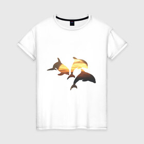 Женская футболка хлопок с принтом Дельфины на закате (2) в Тюмени, 100% хлопок | прямой крой, круглый вырез горловины, длина до линии бедер, слегка спущенное плечо | дельфин | дельфины | дельфины на закате | закат | красивые дельфины | рыбы