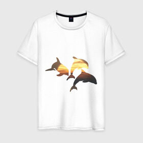 Мужская футболка хлопок с принтом Дельфины на закате (2) в Тюмени, 100% хлопок | прямой крой, круглый вырез горловины, длина до линии бедер, слегка спущенное плечо. | дельфин | дельфины | дельфины на закате | закат | красивые дельфины | рыбы