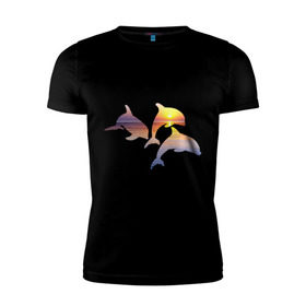 Мужская футболка премиум с принтом Дельфины на закате в Тюмени, 92% хлопок, 8% лайкра | приталенный силуэт, круглый вырез ворота, длина до линии бедра, короткий рукав | дельфин | дельфины | дельфины на закате | закат | красивые дельфины | рыбы