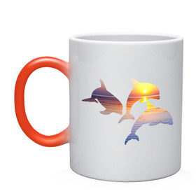 Кружка хамелеон с принтом Дельфины на закате в Тюмени, керамика | меняет цвет при нагревании, емкость 330 мл | дельфин | дельфины | дельфины на закате | закат | красивые дельфины | рыбы