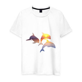 Мужская футболка хлопок с принтом Дельфины на закате в Тюмени, 100% хлопок | прямой крой, круглый вырез горловины, длина до линии бедер, слегка спущенное плечо. | Тематика изображения на принте: дельфин | дельфины | дельфины на закате | закат | красивые дельфины | рыбы