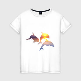Женская футболка хлопок с принтом Дельфины на закате в Тюмени, 100% хлопок | прямой крой, круглый вырез горловины, длина до линии бедер, слегка спущенное плечо | дельфин | дельфины | дельфины на закате | закат | красивые дельфины | рыбы