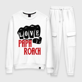 Женский костюм хлопок с принтом Love Papa Roach. в Тюмени, 100% хлопок | на свитшоте круглая горловина, мягкая резинка по низу. Брюки заужены к низу, на них два вида карманов: два 