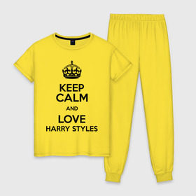 Женская пижама хлопок с принтом Keep calm and love Harry Styles в Тюмени, 100% хлопок | брюки и футболка прямого кроя, без карманов, на брюках мягкая резинка на поясе и по низу штанин | Тематика изображения на принте: 1d | harry styles | keep calm | music | one direction | гарри стайлс