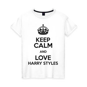 Женская футболка хлопок с принтом Keep calm and love Harry Styles в Тюмени, 100% хлопок | прямой крой, круглый вырез горловины, длина до линии бедер, слегка спущенное плечо | 1d | harry styles | keep calm | music | one direction | гарри стайлс