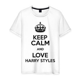 Мужская футболка хлопок с принтом Keep calm and love Harry Styles в Тюмени, 100% хлопок | прямой крой, круглый вырез горловины, длина до линии бедер, слегка спущенное плечо. | Тематика изображения на принте: 1d | harry styles | keep calm | music | one direction | гарри стайлс