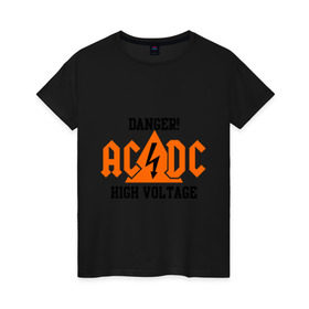 Женская футболка хлопок с принтом ADCD high voltage в Тюмени, 100% хлопок | прямой крой, круглый вырез горловины, длина до линии бедер, слегка спущенное плечо | acdc | rock | блюз рок | рок | рок группа | рок н ролл | хард рок | эйсидиси