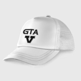 Детская кепка тракер с принтом GTA 5 в Тюмени, Козырек - 100% хлопок. Кепка - 100% полиэстер, Задняя часть - сетка | универсальный размер, пластиковая застёжка | five | grand theft auto | gta | gta 5 | logo | гта | гта пять | лого | логотип