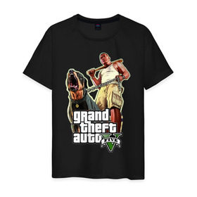 Мужская футболка хлопок с принтом GTA 5 в Тюмени, 100% хлопок | прямой крой, круглый вырез горловины, длина до линии бедер, слегка спущенное плечо. | five | grand theft auto | gta | gta 5 | media | бита | гта | гта пять | собака