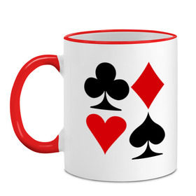 Кружка двухцветная с принтом Масти карт в Тюмени, керамика | объем — 330 мл, диаметр — 80 мм. Цветная ручка и кайма сверху, в некоторых цветах — вся внутренняя часть | poker | игра | игры | карточная игра | карты | масти карт | покер