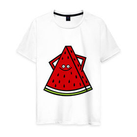 Мужская футболка хлопок с принтом Веселый арбуз в Тюмени, 100% хлопок | прямой крой, круглый вырез горловины, длина до линии бедер, слегка спущенное плечо. | Тематика изображения на принте: еда | рожица | смайлик | улыбка | улыбочка | фрукты
