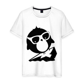 Мужская футболка хлопок с принтом Пингвин на льдине в Тюмени, 100% хлопок | прямой крой, круглый вырез горловины, длина до линии бедер, слегка спущенное плечо. | 