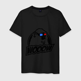Мужская футболка хлопок с принтом Обезьяна Wooow 3d в Тюмени, 100% хлопок | прямой крой, круглый вырез горловины, длина до линии бедер, слегка спущенное плечо. | Тематика изображения на принте: 3d очки | woow | животные | обезъяны | очки