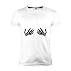 Мужская футболка премиум с принтом Руки скелета в Тюмени, 92% хлопок, 8% лайкра | приталенный силуэт, круглый вырез ворота, длина до линии бедра, короткий рукав | скелет