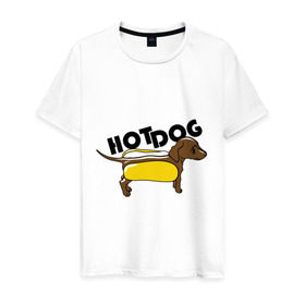 Мужская футболка хлопок с принтом Hot dog в Тюмени, 100% хлопок | прямой крой, круглый вырез горловины, длина до линии бедер, слегка спущенное плечо. | Тематика изображения на принте: hot dog | булка | собака | собачка | хот дог