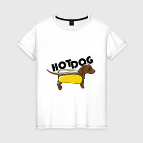 Женская футболка хлопок с принтом Hot dog в Тюмени, 100% хлопок | прямой крой, круглый вырез горловины, длина до линии бедер, слегка спущенное плечо | Тематика изображения на принте: hot dog | булка | собака | собачка | хот дог