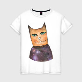 Женская футболка хлопок с принтом кот-космос в Тюмени, 100% хлопок | прямой крой, круглый вырез горловины, длина до линии бедер, слегка спущенное плечо | cat | cute | space | космос | кот | котейка | котик | мило